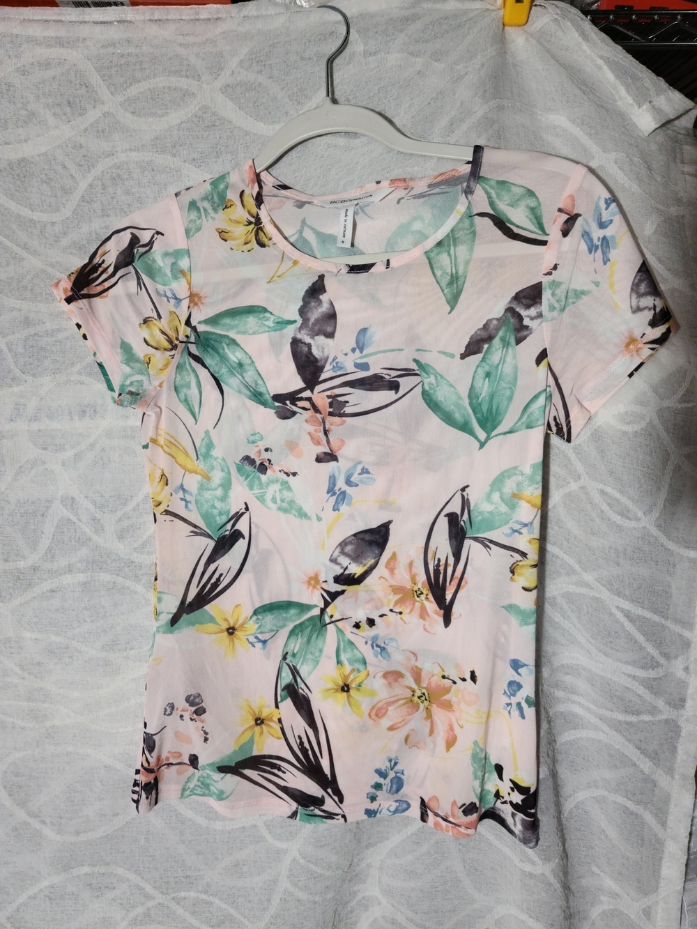 BCBGeneration Pink Floral Short Sleeve Tee with Green Leaves